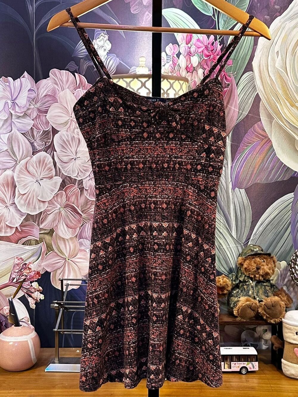 Forever 21 M Stretch Boho Fit & Flare Front Tie Adjustable Spaghetti Straps